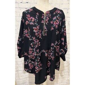 Evans Plus Size Floral Roll Tab Sleeve 1/4 Zip Blouse Top Size 20
